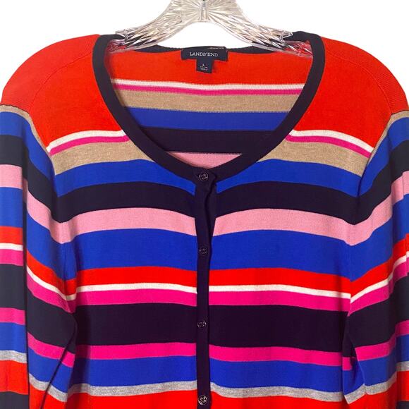 Lands' End Size Large 100% Supima Cotton Multicolored Striped Cardigan Sweater - Picture 2 of 5